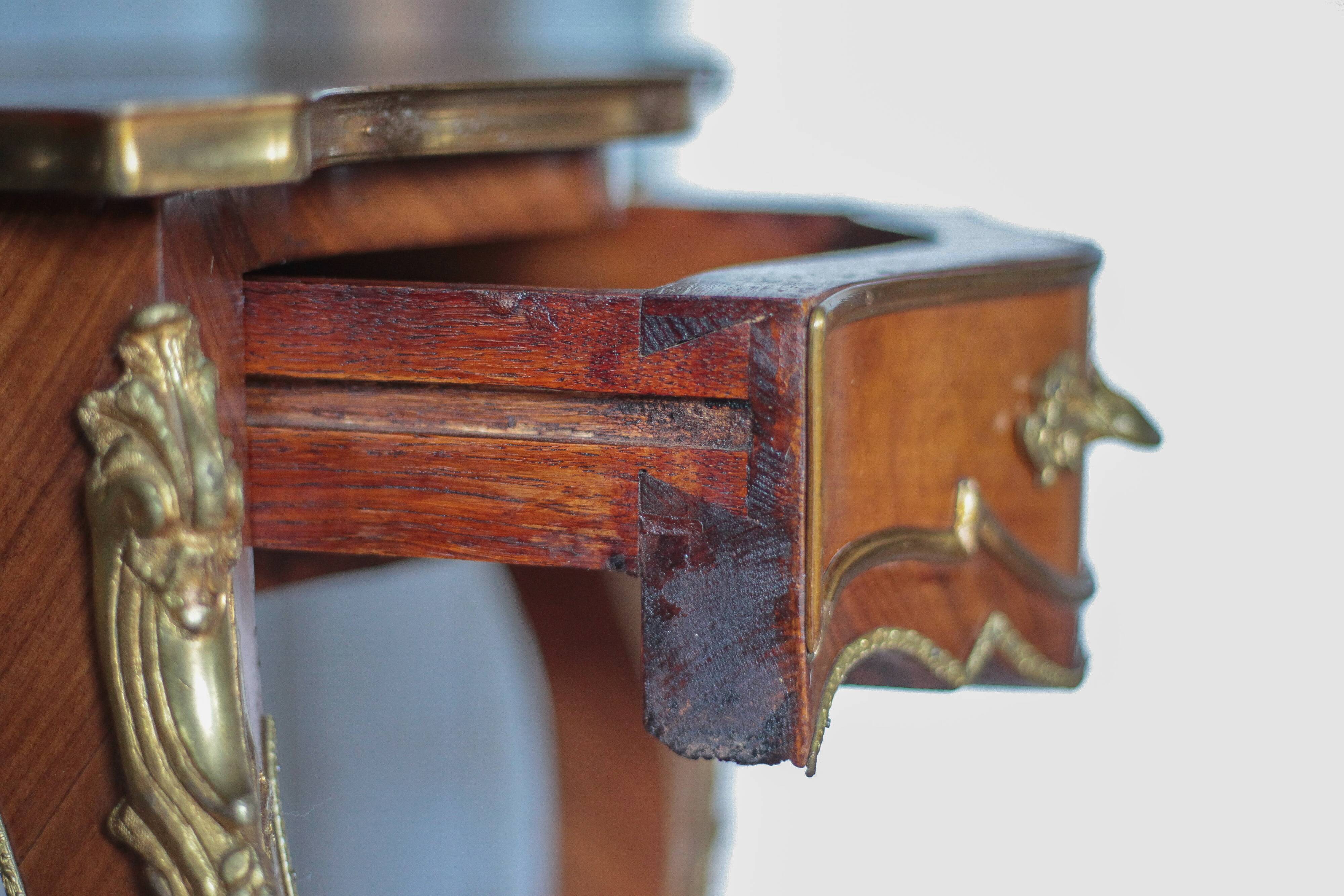 Wooden bedside table with marquetry and bronze, side table with curved legs