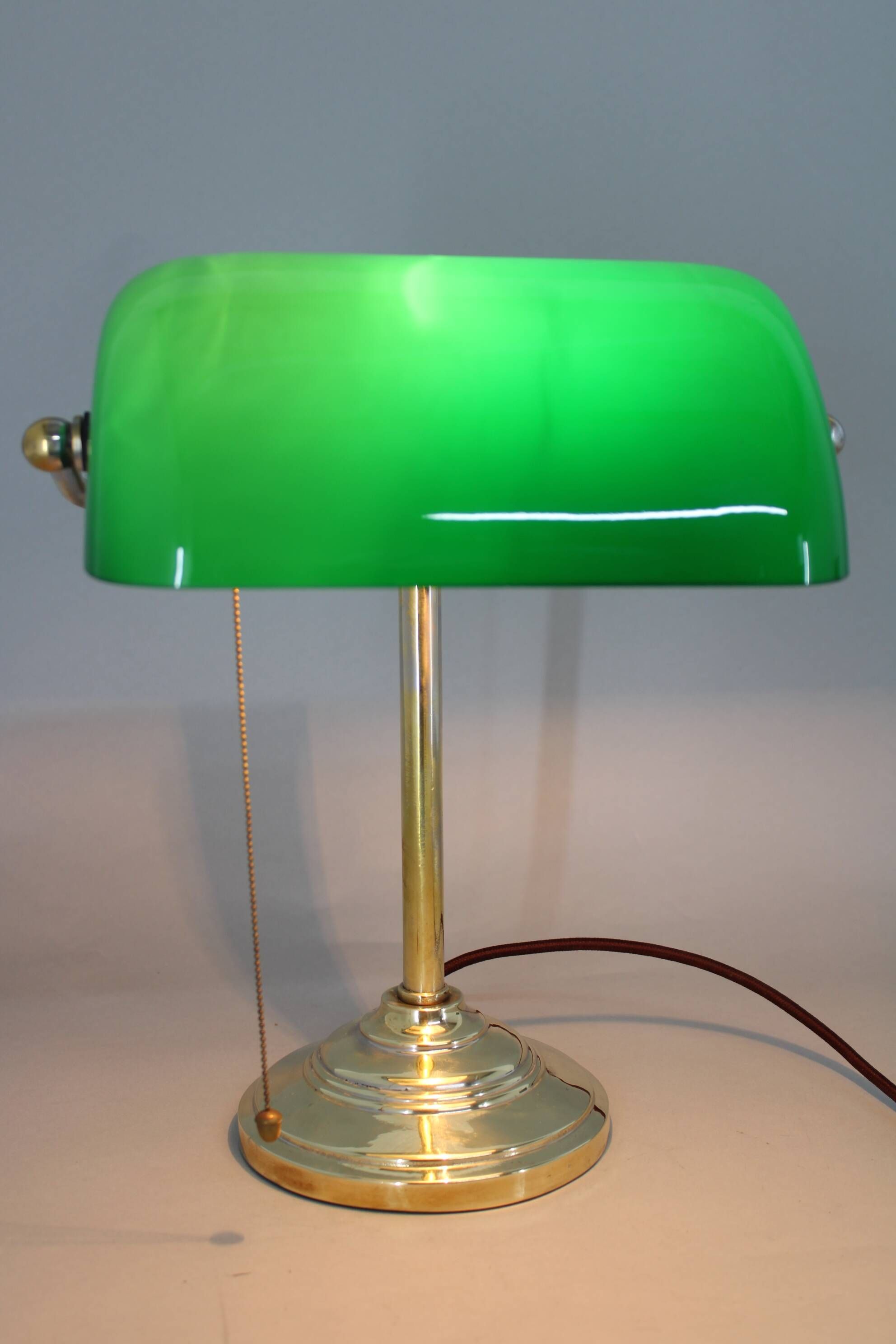 1930s Art Deco Brass  Banker Table Lamp with Glass Shade, Czechoslovakia