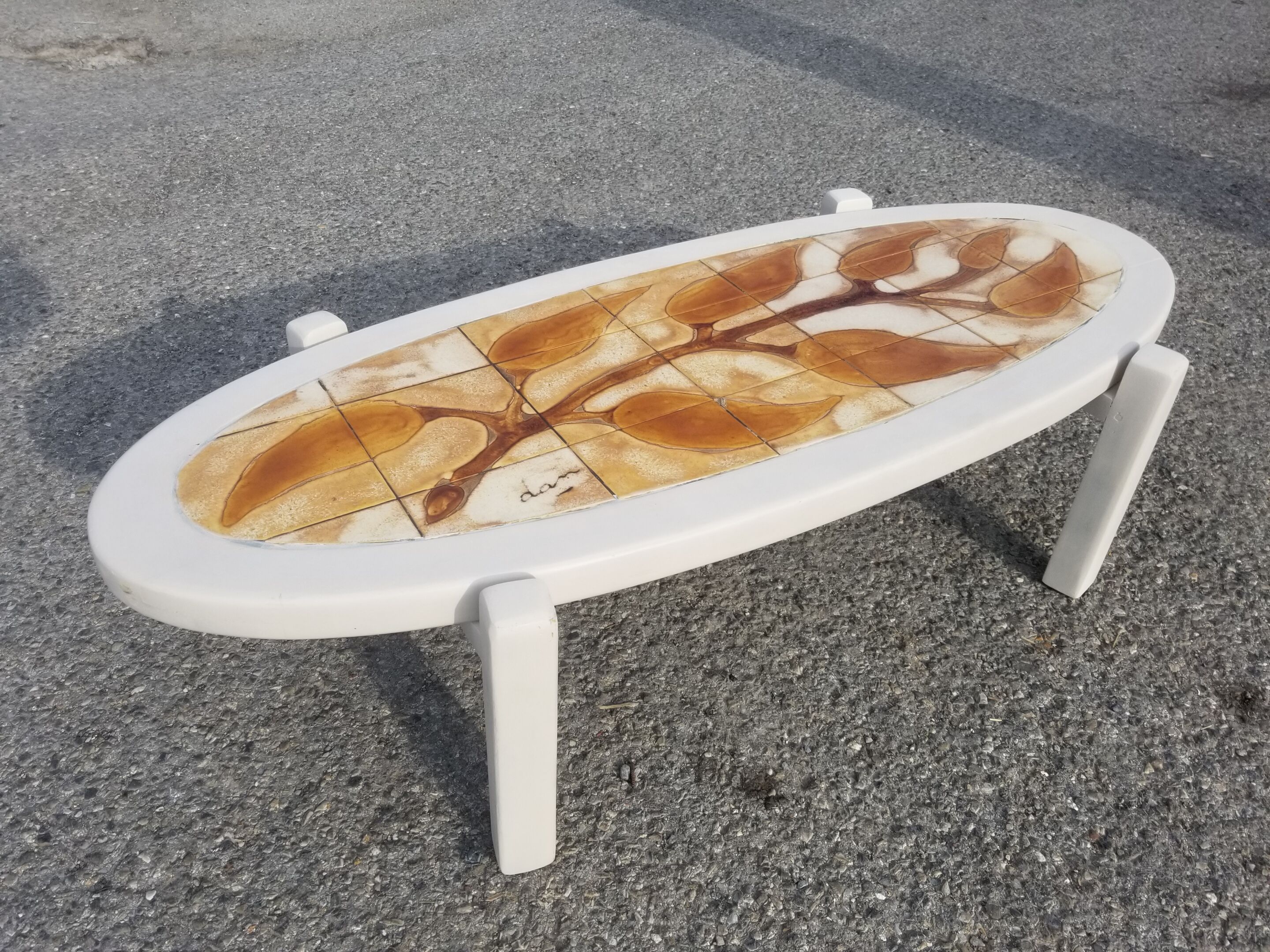 Vintage oval wooden and ceramic coffee table signed Dan - Vallauris