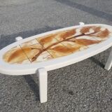 Vintage oval wooden and ceramic coffee table signed Dan - Vallauris