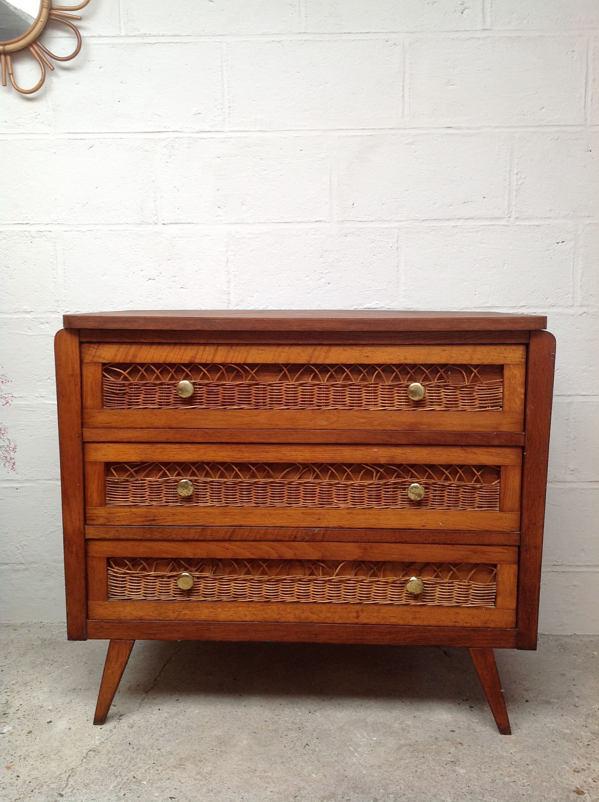 Vintage wooden and rattan dresser