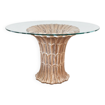 Italian dining table in carved oak with a glass top, vintage.