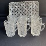 Tray and 6 mugs in blown and molded glass