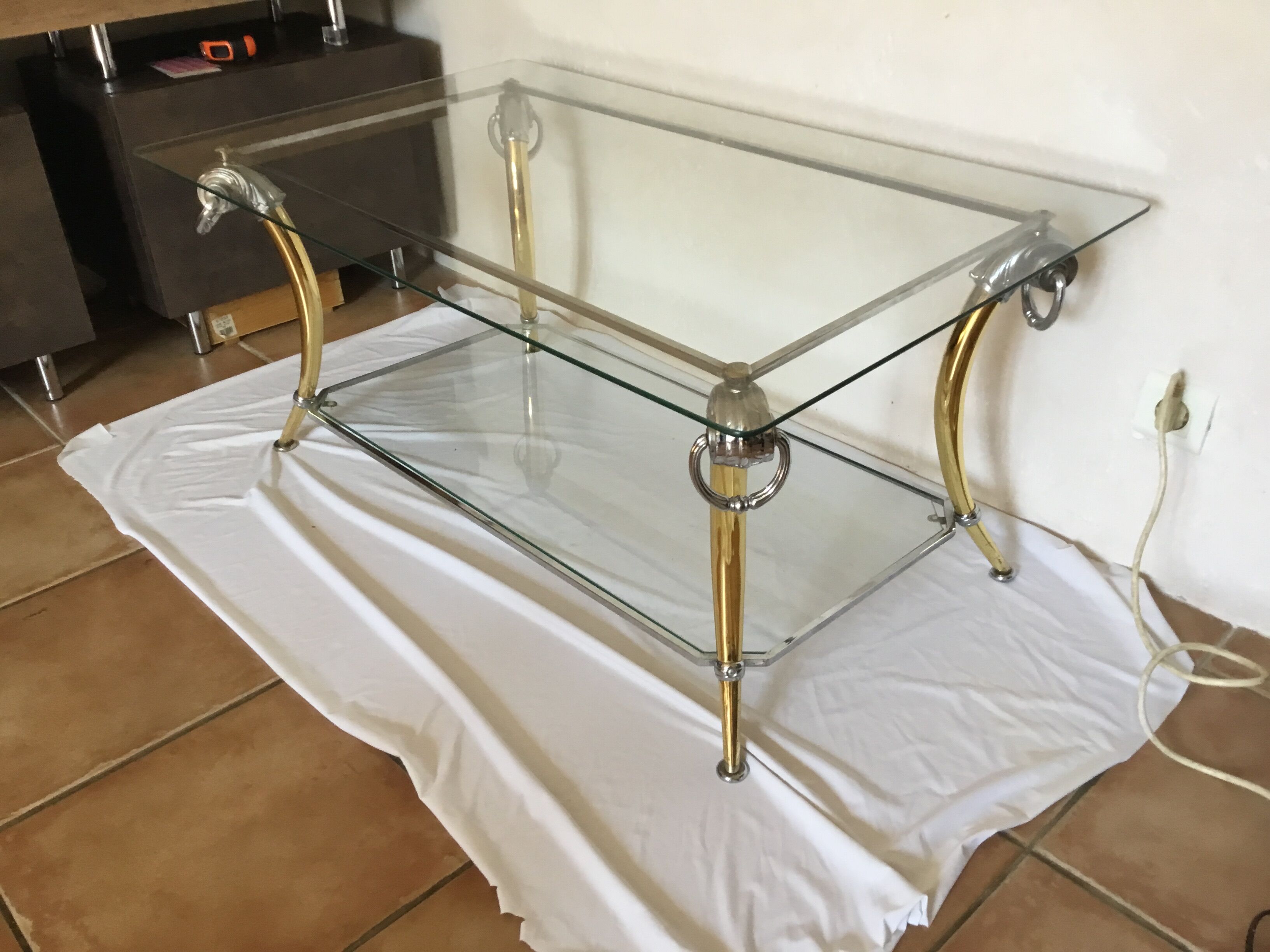 Table basse vintage chrome et dorée design 70-80