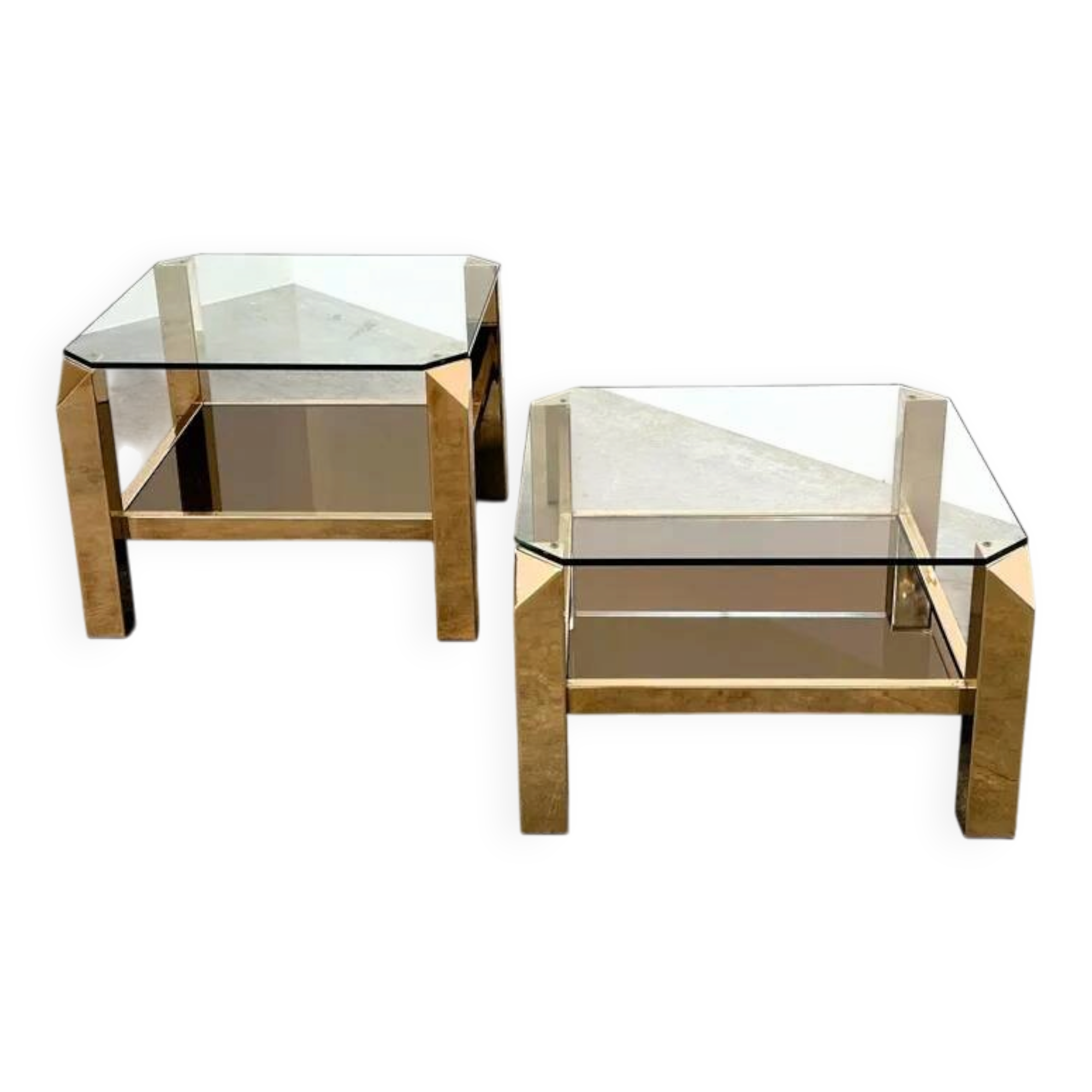 Set of 2 Belgo coffee tables in chrome brass and glass, Belgium, 1970s