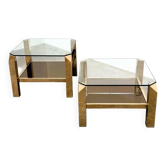 Ensemble de 2 tables basses Belgo en laiton chromé et verre, Belgique, années 1970.