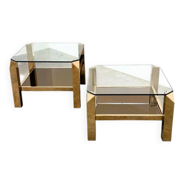 Set of 2 Belgo coffee tables in chrome brass and glass, Belgium, 1970s