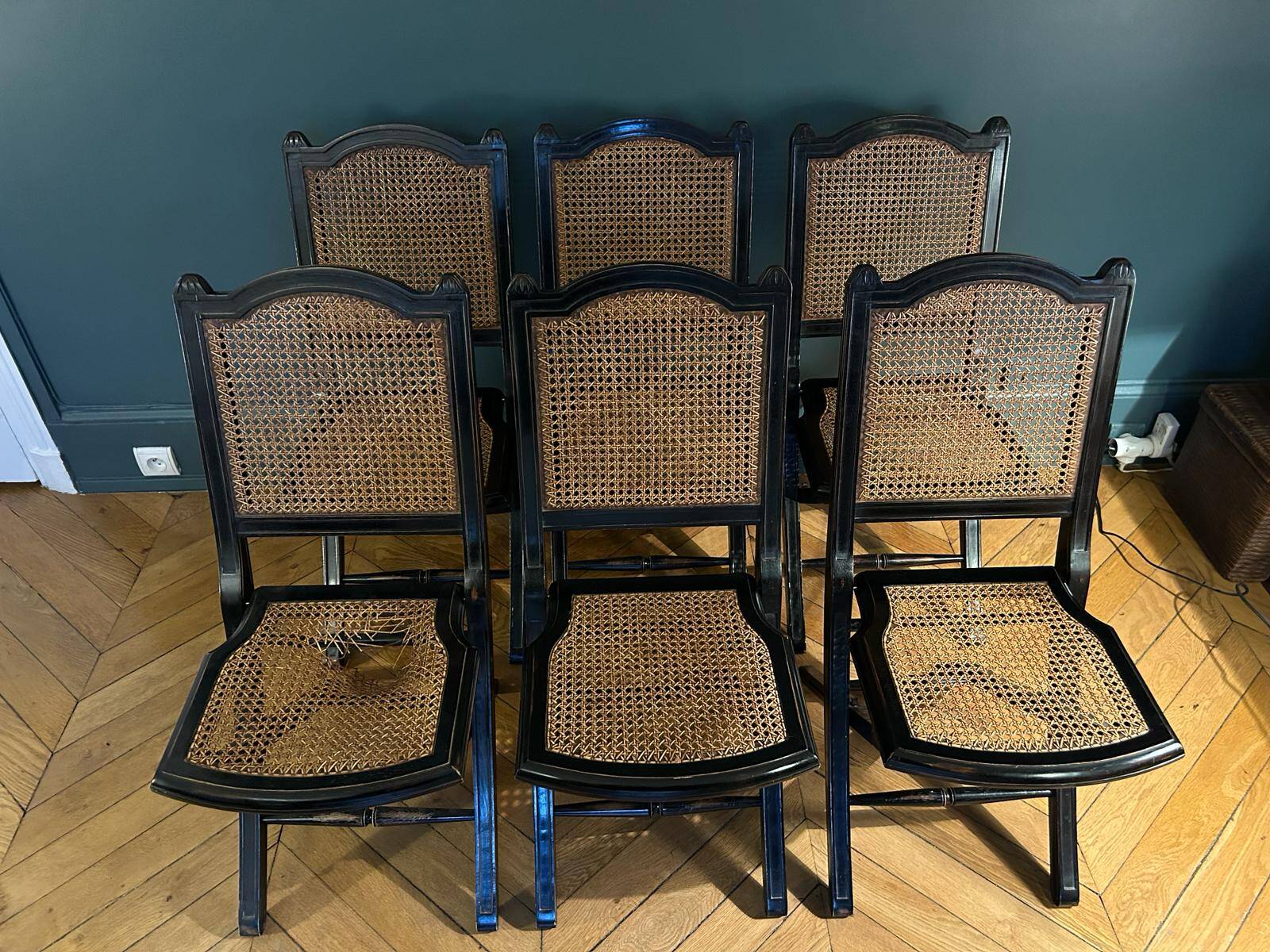 Set of 6 Roche Bobois folding chairs cannage dining room
