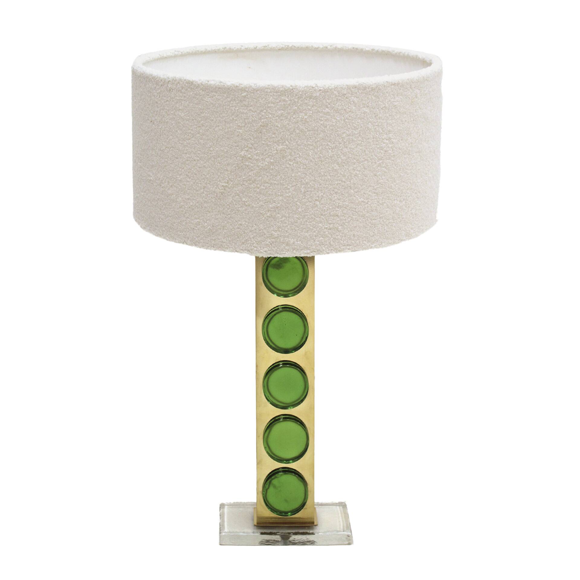 Mid Modern Style Pair of Brass Italian Table Lamps with Green Murano Glass