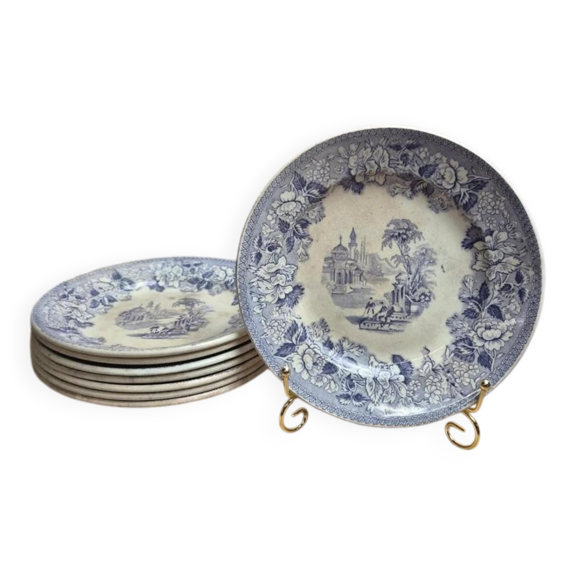 Set of 8 antique English dessert plates by J. Marshall & Co Bosphorus purple earthenware 19th century.