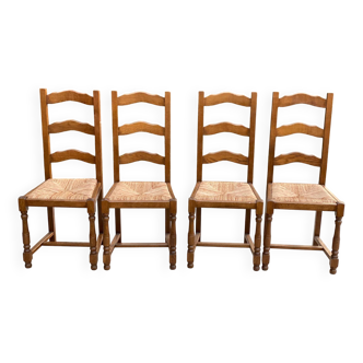 4 Vintage Farmhouse Style Solid Wood Straw Dining Chairs