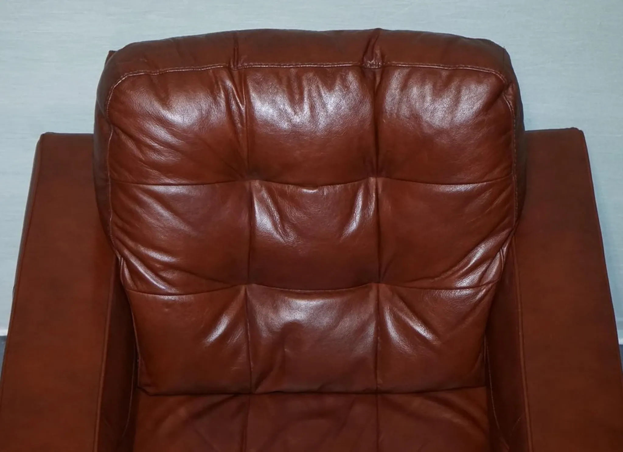 Vintage Minimalist Brown Leather Buttoned Armchair