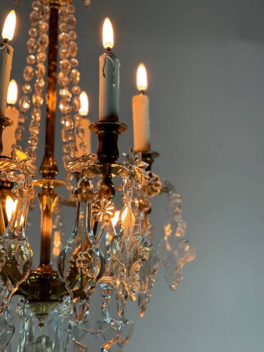 Gilt bronze cage chandelier decorated with cut crystal pendants circa 1900