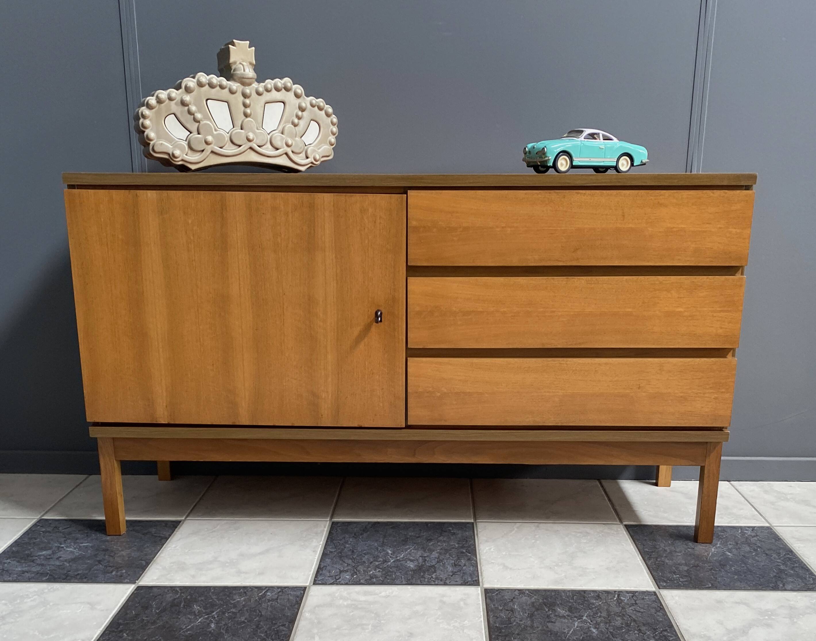 wood sideboard 3 drawers 1 door 1970s