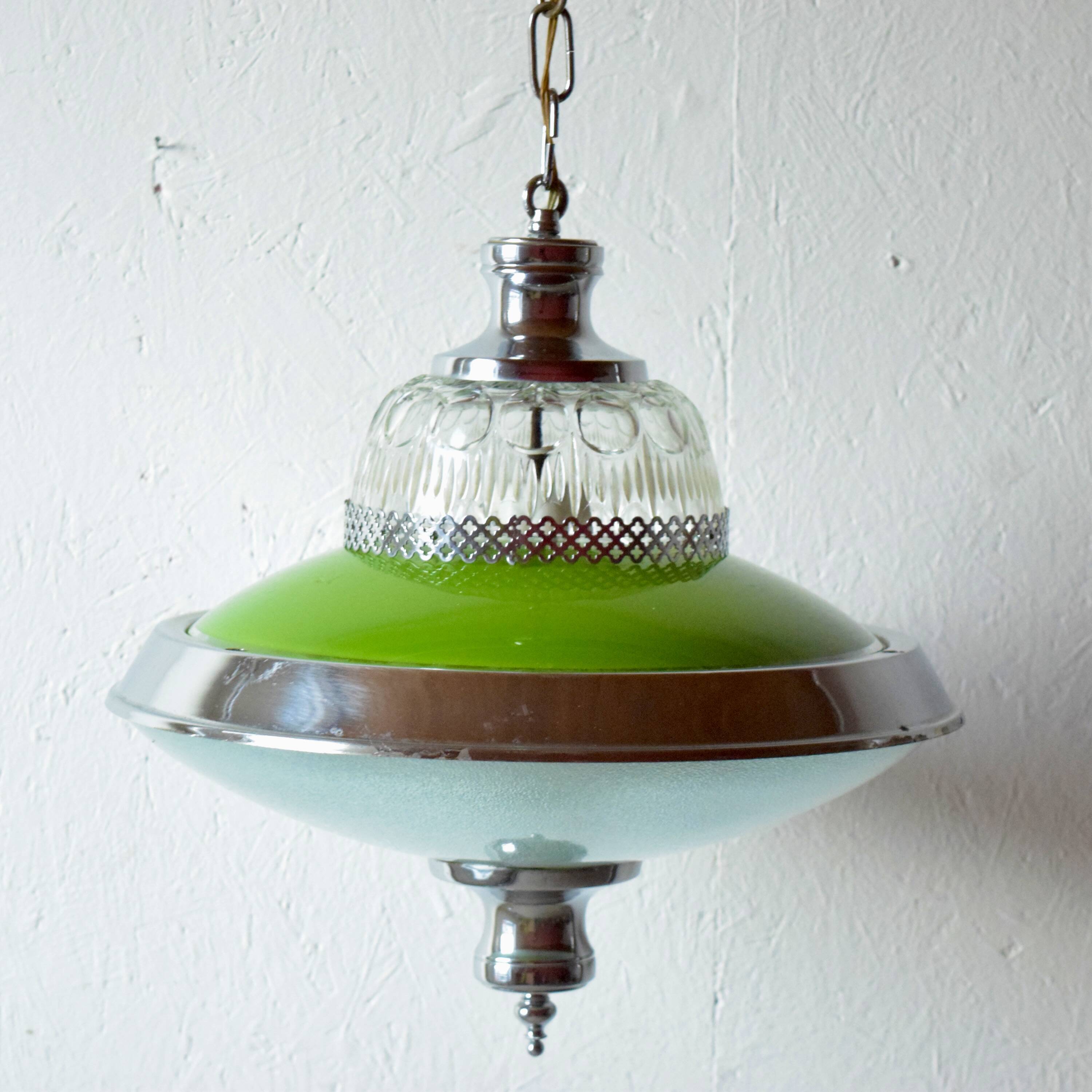 Vintage green glass and chrome metal pendant light