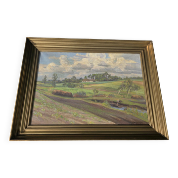 Peinture à l'huile impressionniste vintage de paysage par Holger Havrehed