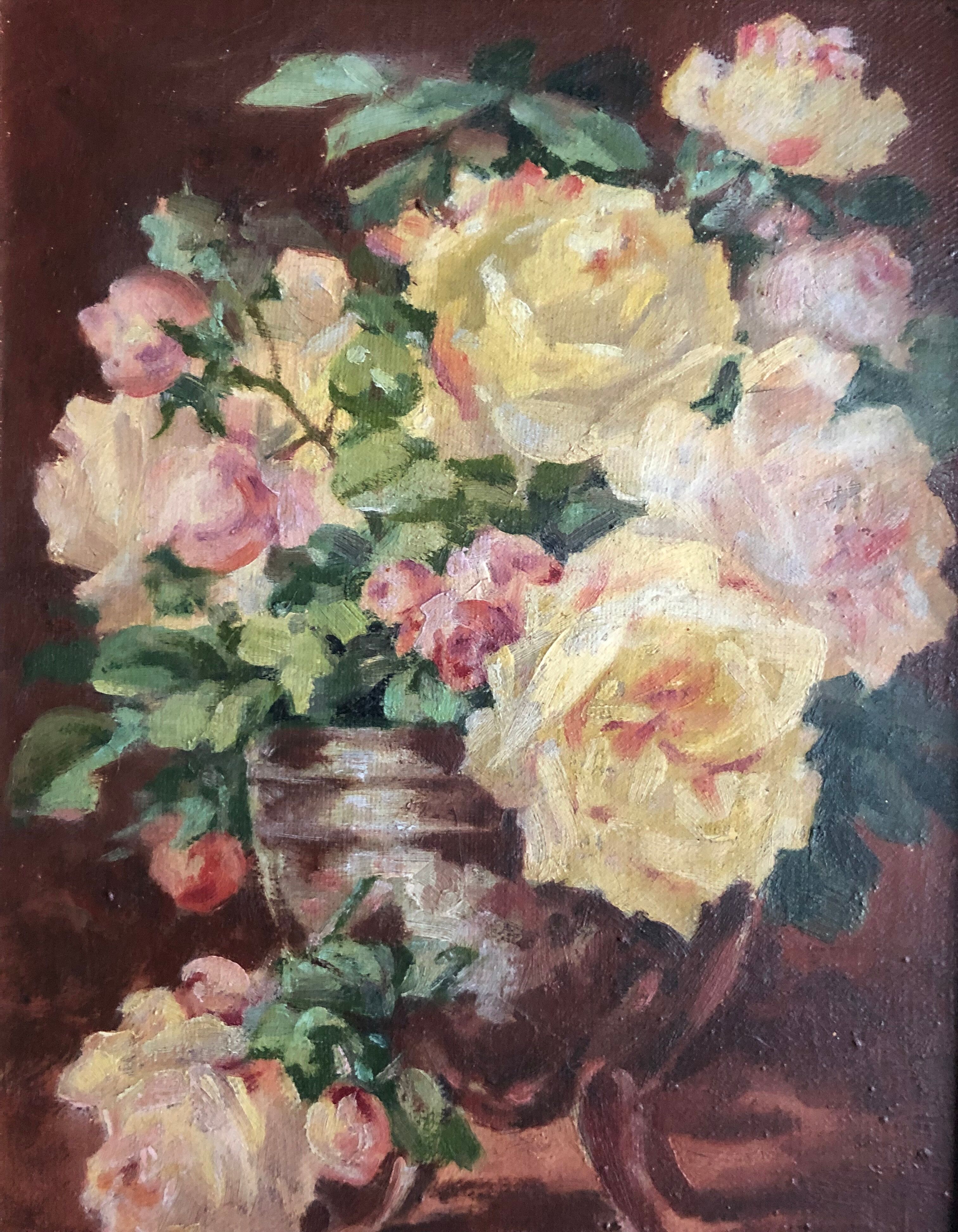 Huile sur toile, nature morte au bouquet de roses