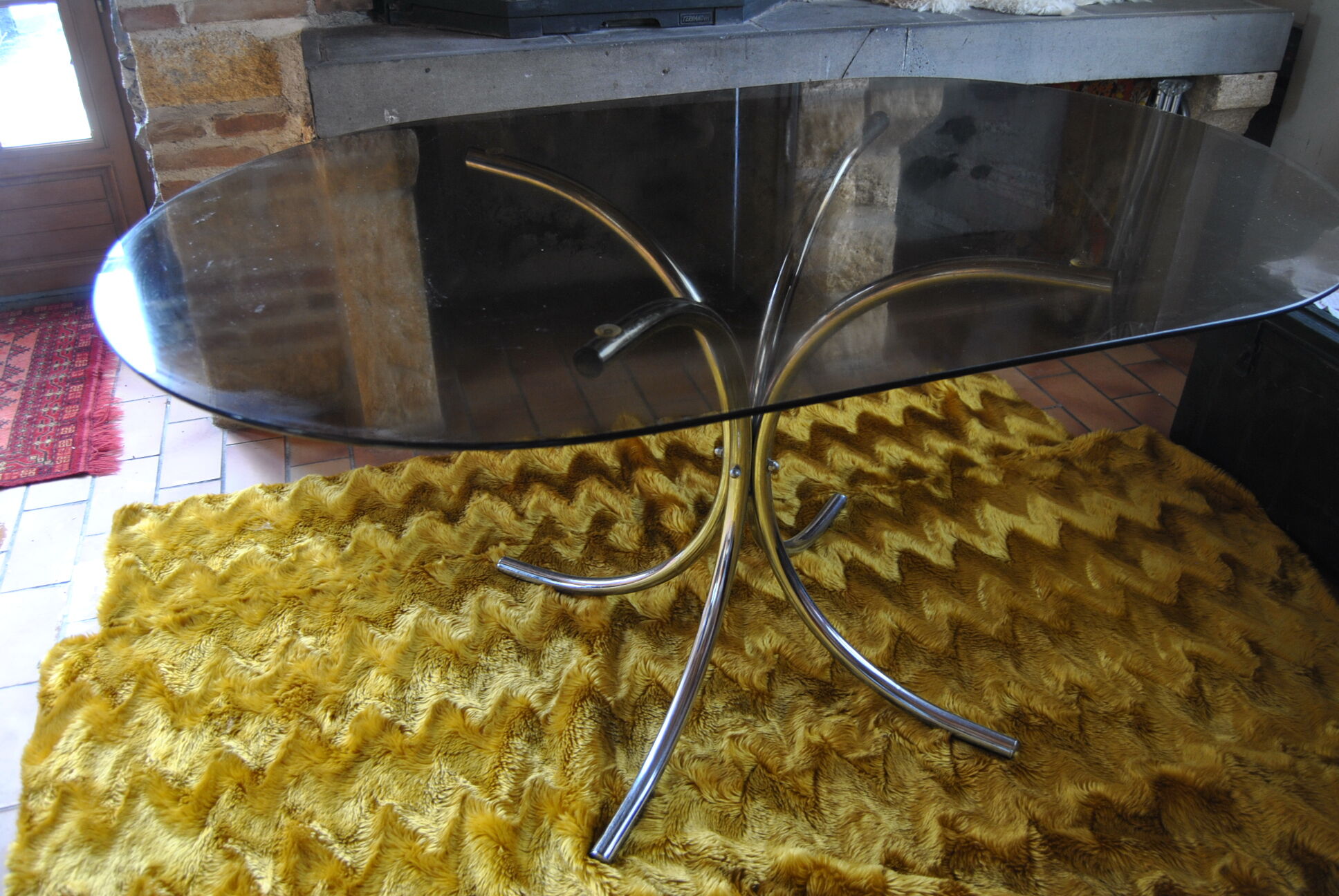 Dining table stainless steel legs and tempered glass top 70s