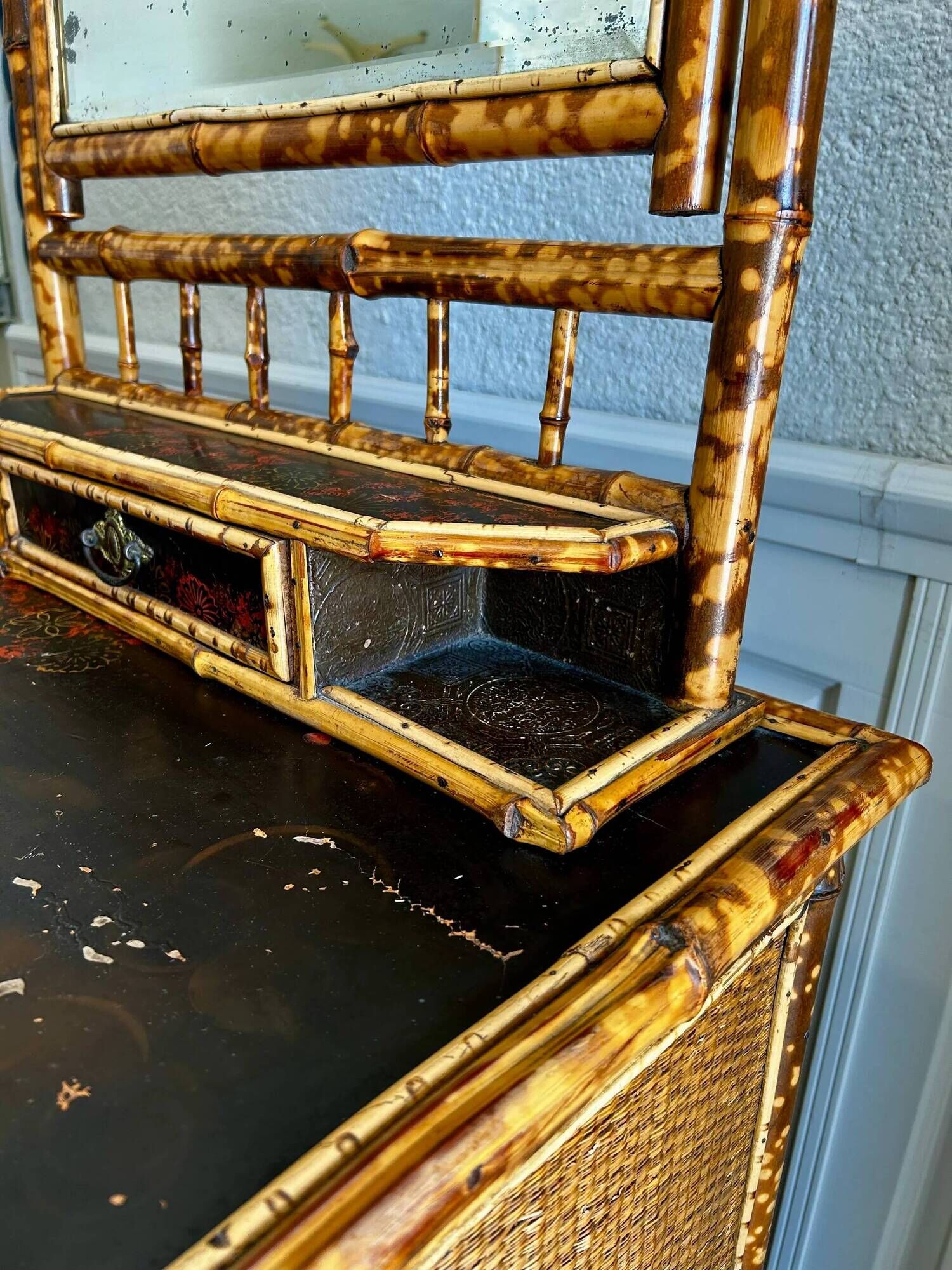 Victorian tiger bamboo, cane & chinoiserie dressing table with drawers, England 1880s, aesthetic movement