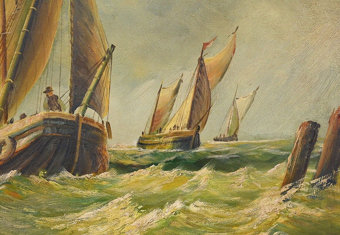 Tableau "Sailboats in Rough Seas" signed Albert Hess – Mid 20th century