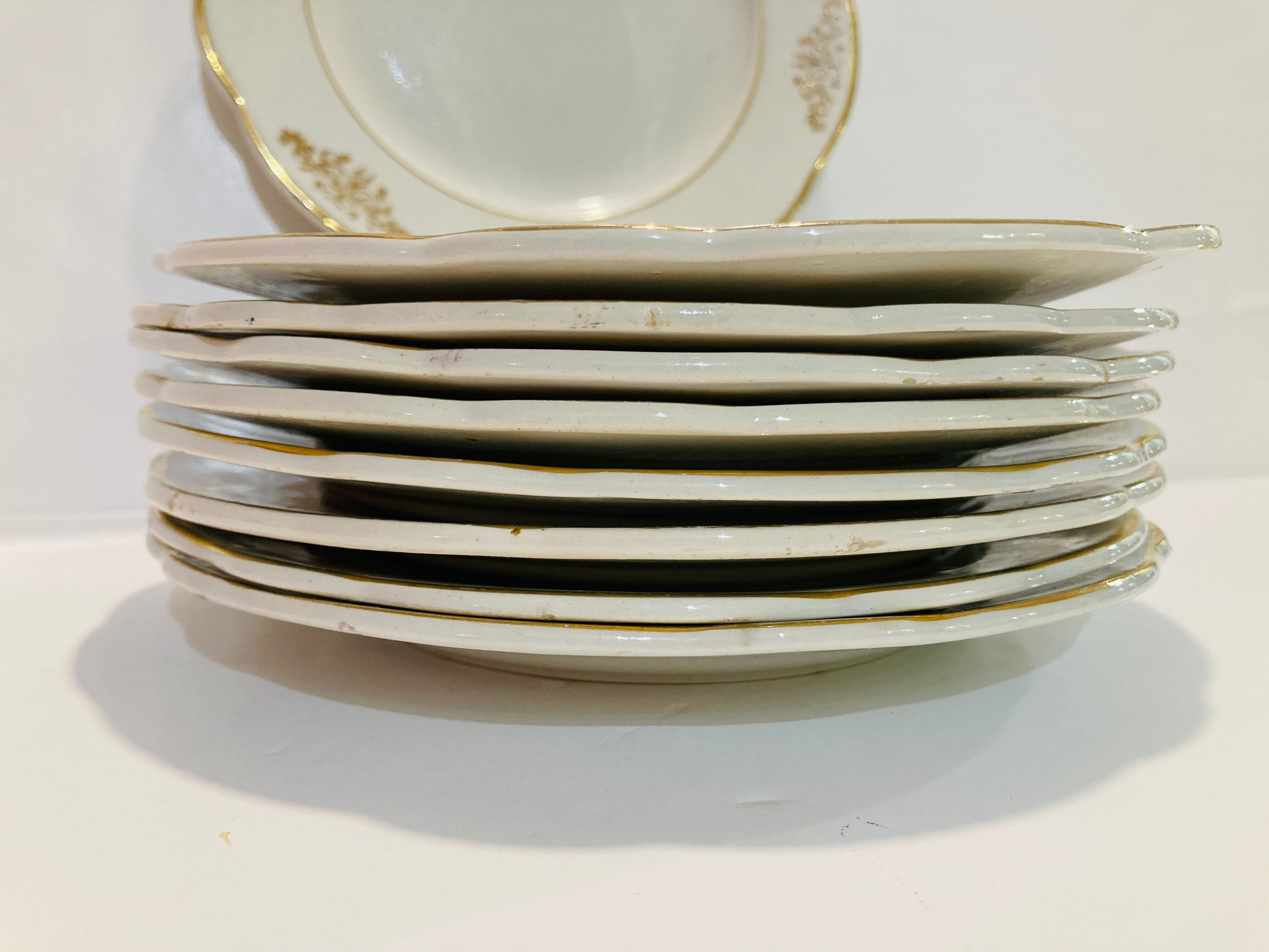 9 plates in white and gold porcelain