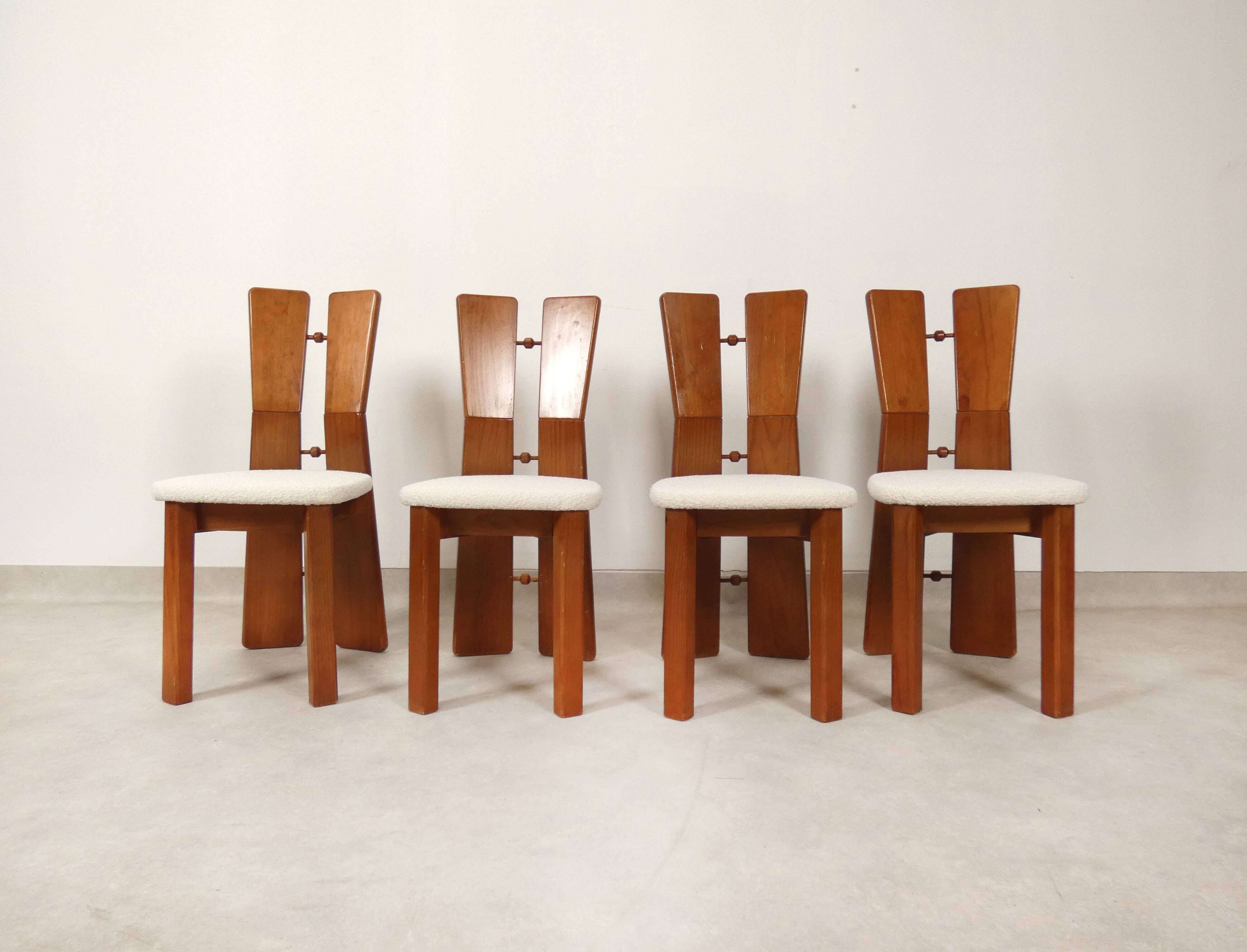 70's brutalist dining chairs in oak with bouclé fabric