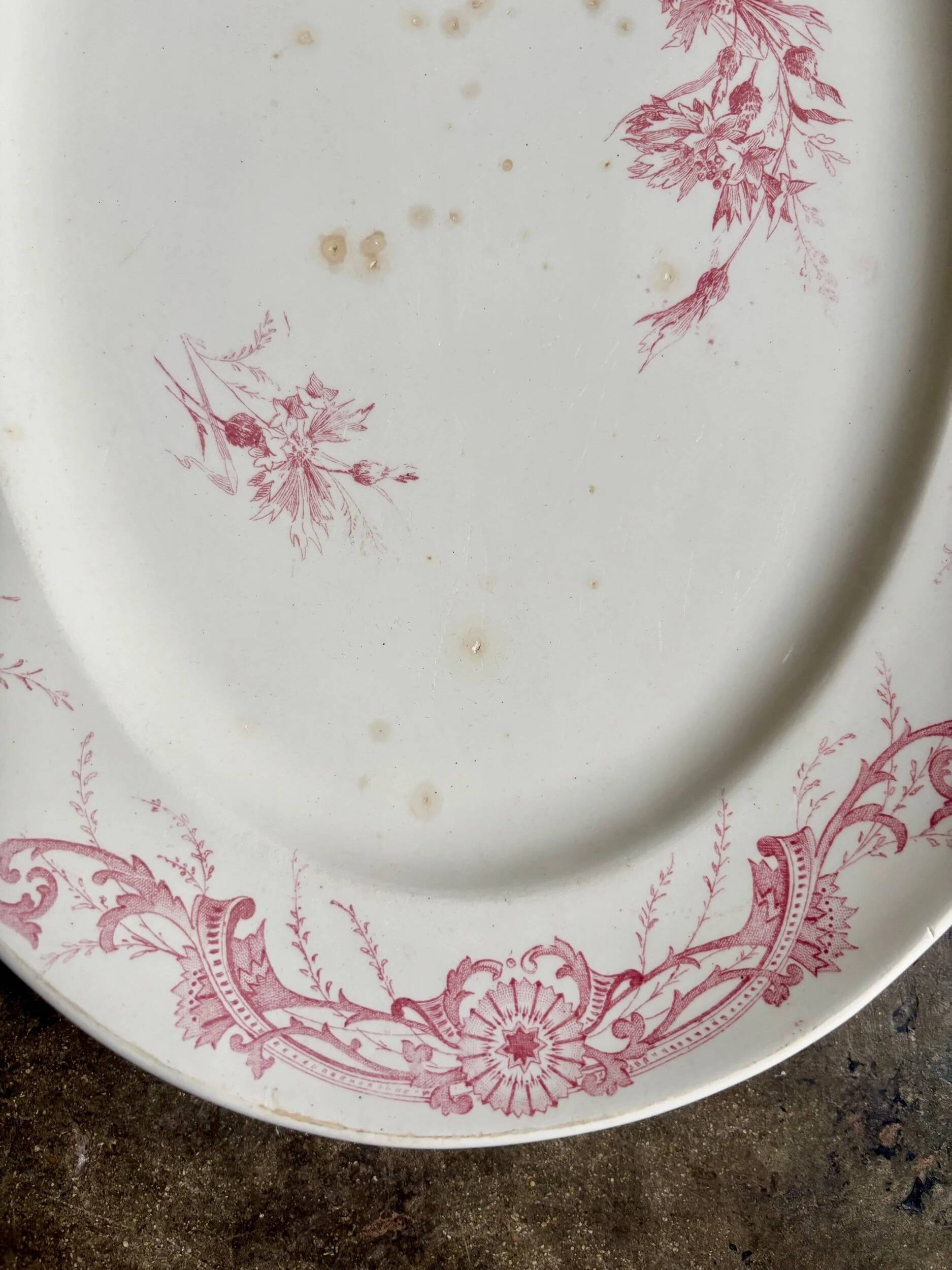Creil & Montereau oval dish in pink ironstone, "Centaurée" service