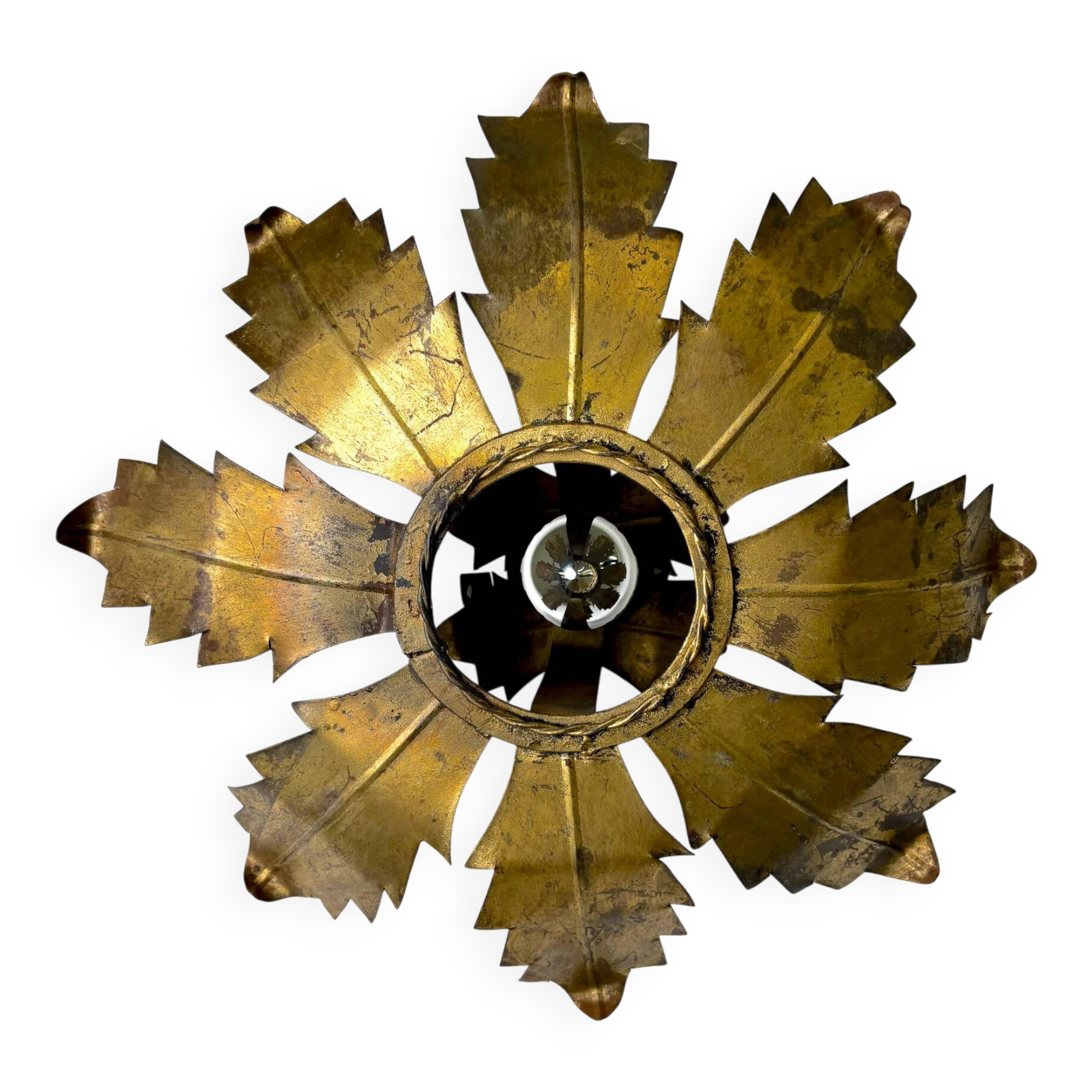 Spanish sunburst flush mount light fixture in gilt iron, circa 1970s