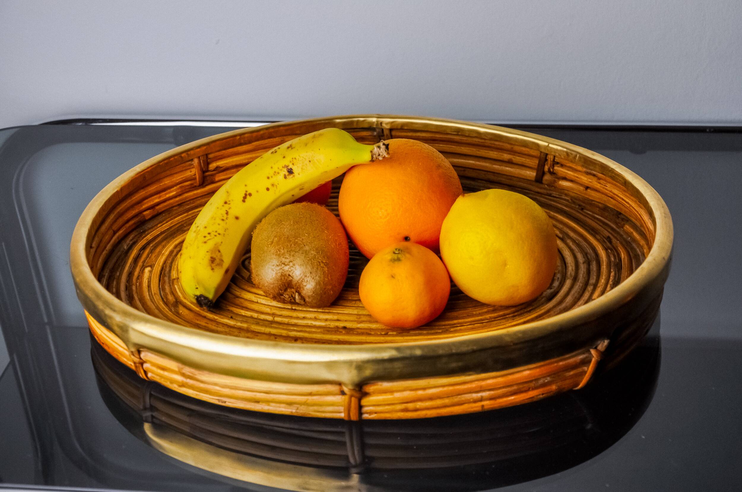 Rattan and brass tray, Italy, 1970