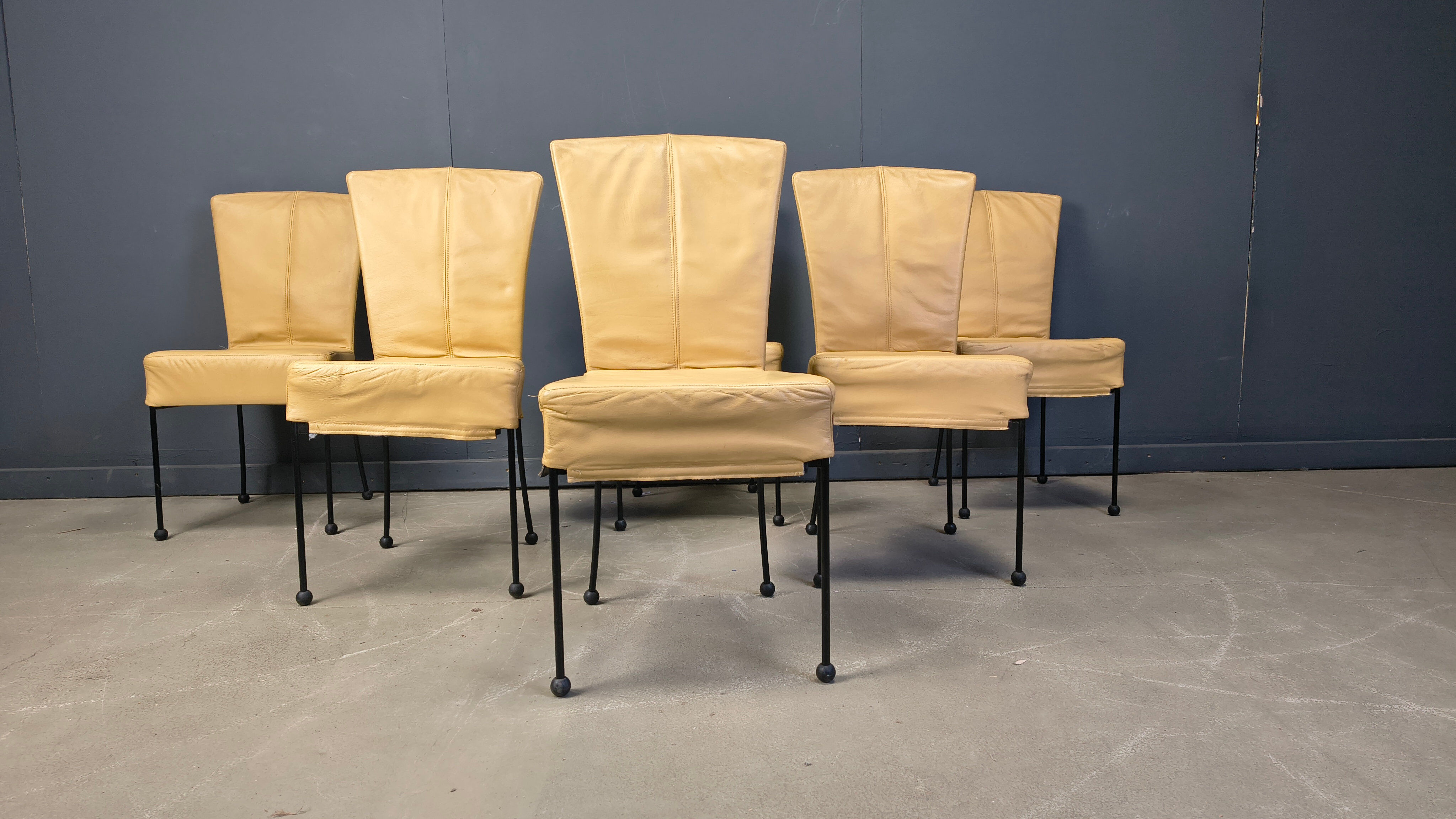 Vintage leather dining chairs, set of 6, 1980s