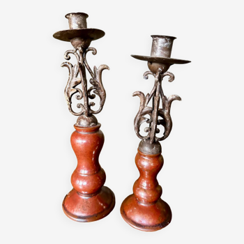 Pair of ceramic and metal candlesticks