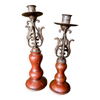 Pair of ceramic and metal candlesticks