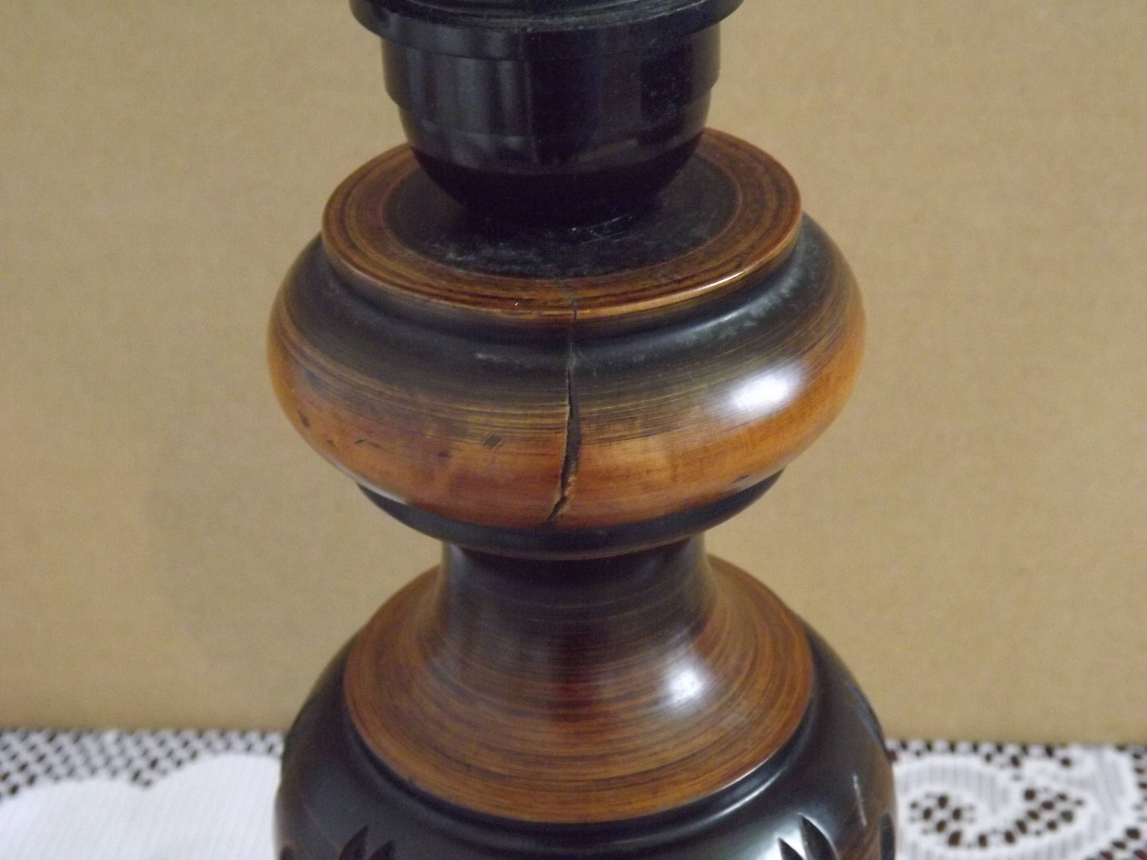 French Mid Century Round Turned Wood Table Lamp Cream Fringed Shade 5573