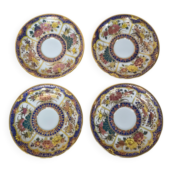Lot de 4 soucoupes peintes à la main Thaïlande – Décor floral polychrome et dorures