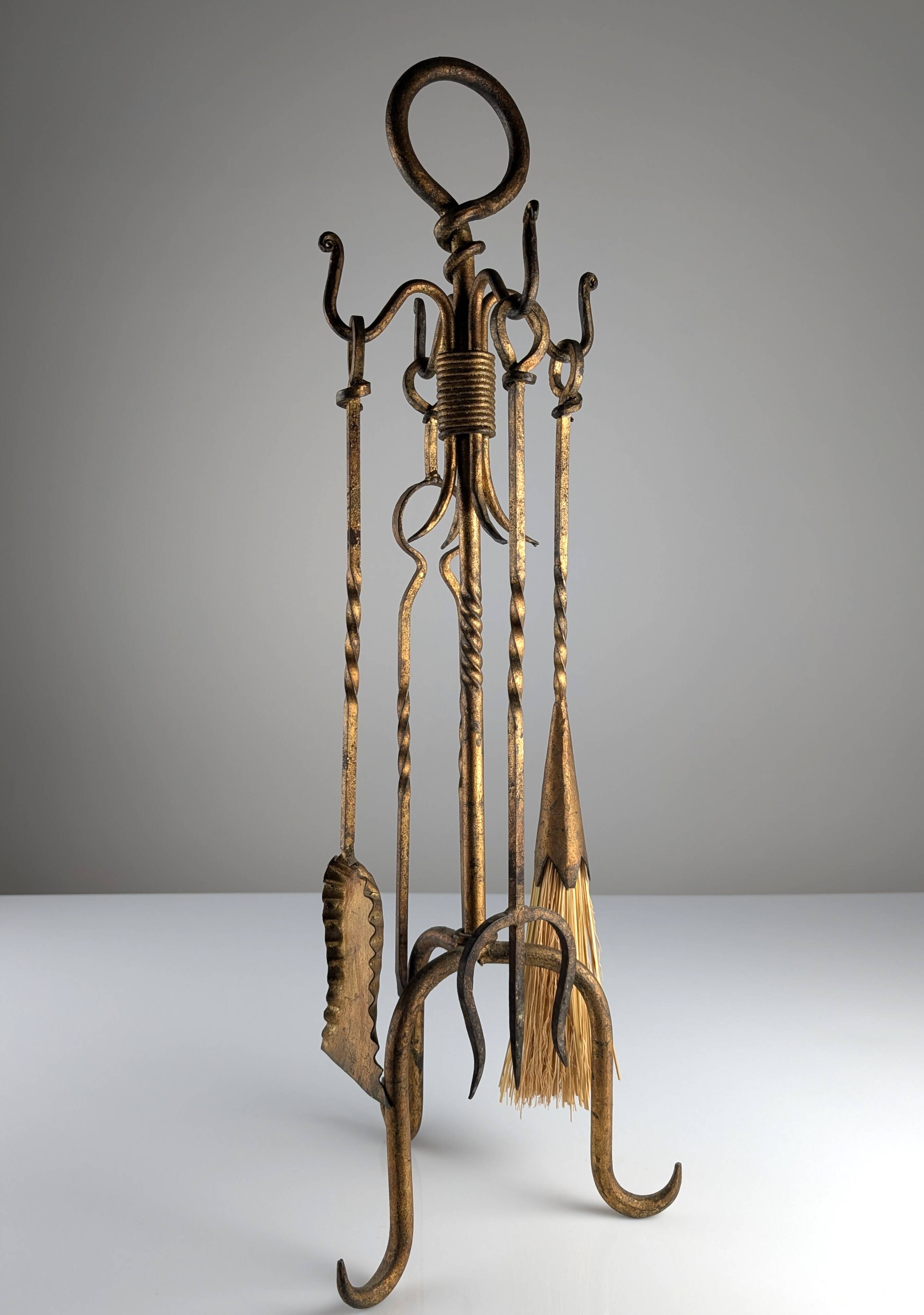 Sculptural Gilded Wrought Iron Fireplace Tool Set, 1960s