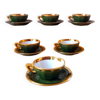 Set of 6 apilco green and gold bistro cups 50s