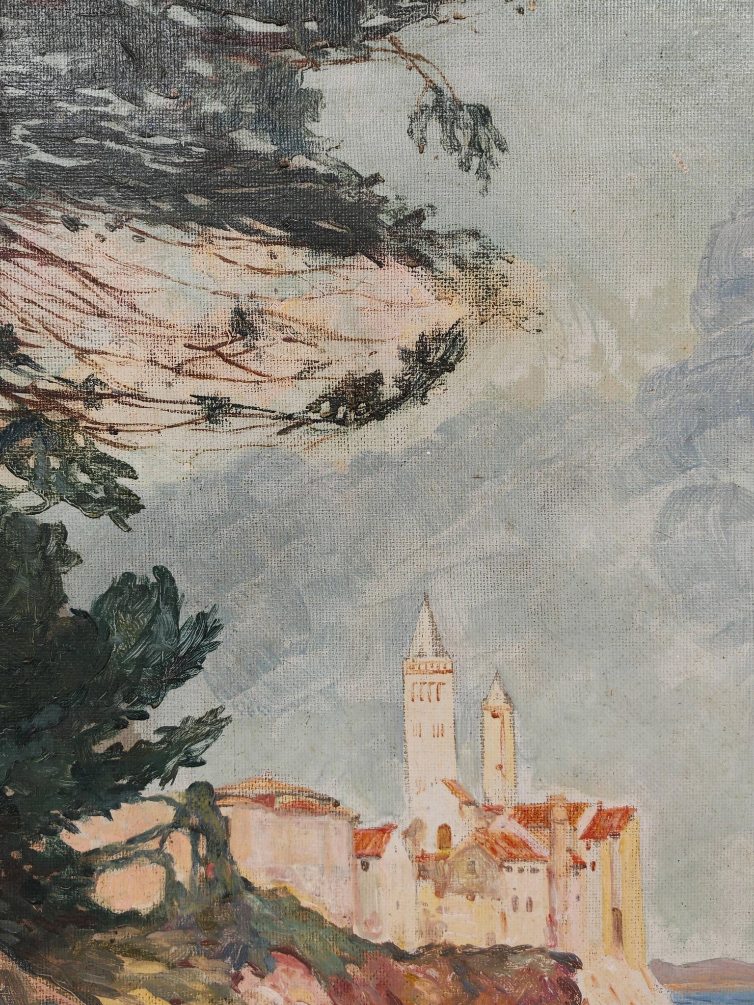 Rab Island, oil on hardboard by Bogoslav Vojinović Pelikan 1926