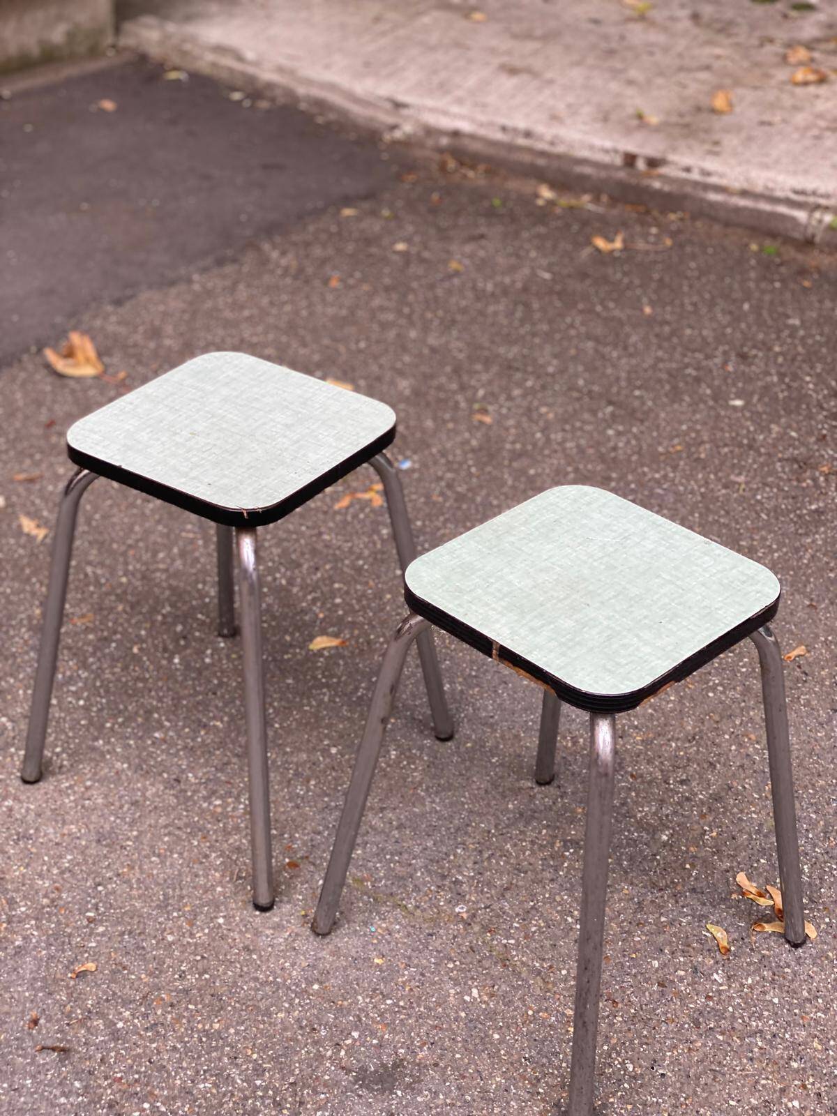 Pair of steel and formica stools, acqua green and steel