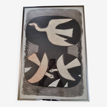 "Trois Oiseaux Rouges", reproduction vintage d'après Georges Braque, encadrée sous verre, 97 x 67 cm