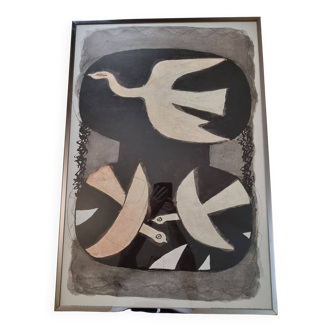 "Trois Oiseaux Rouges", reproduction vintage d'après Georges Braque, encadrée sous verre, 97 x 67 cm