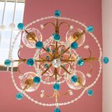 Italian chandelier in gold metal and blue crystal drops