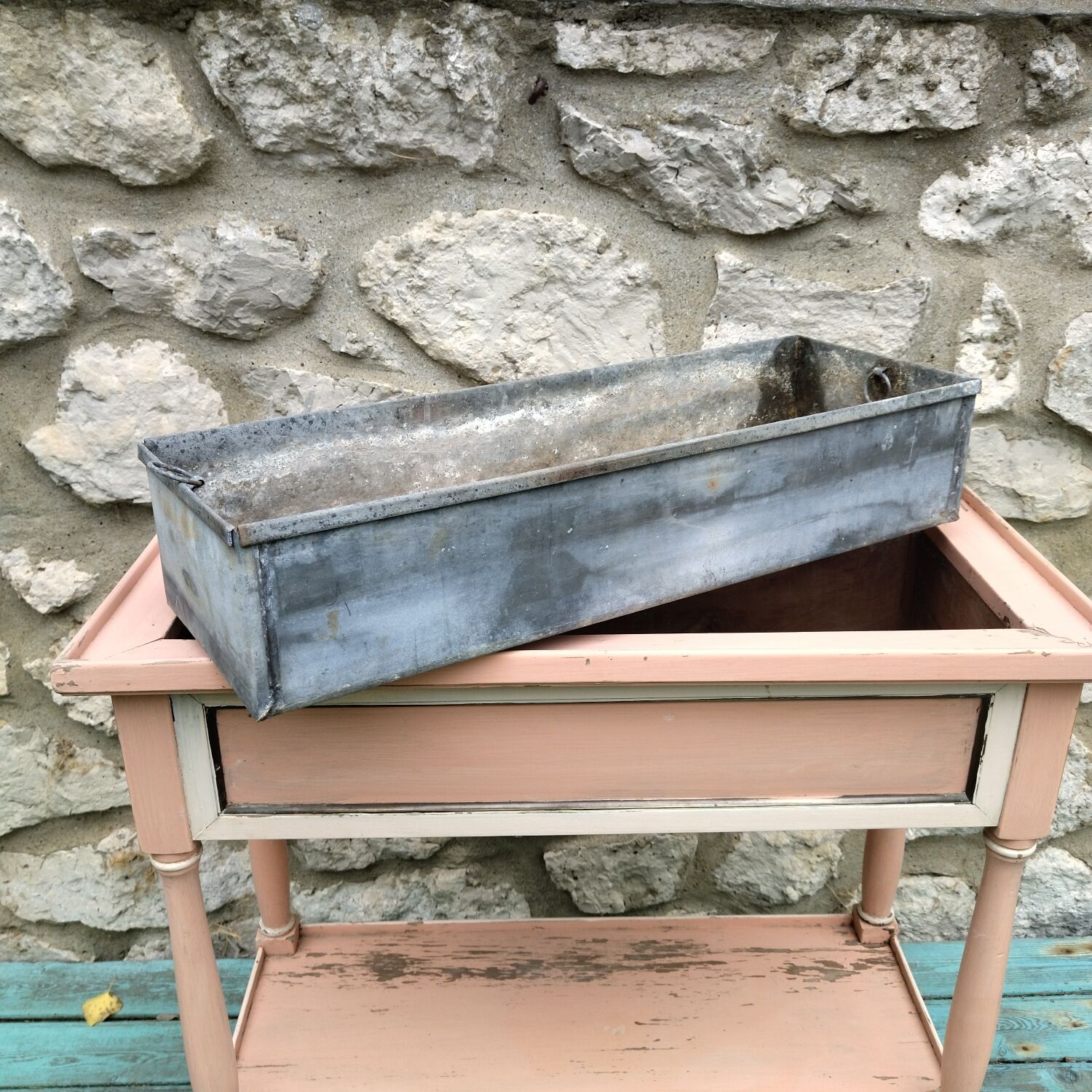 Jardinière ancienne porte plantes bois laiton zinc