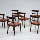 1970s, reupholstered set of 6 pcs Danish dining chairs, teak wood, camel brown leather.