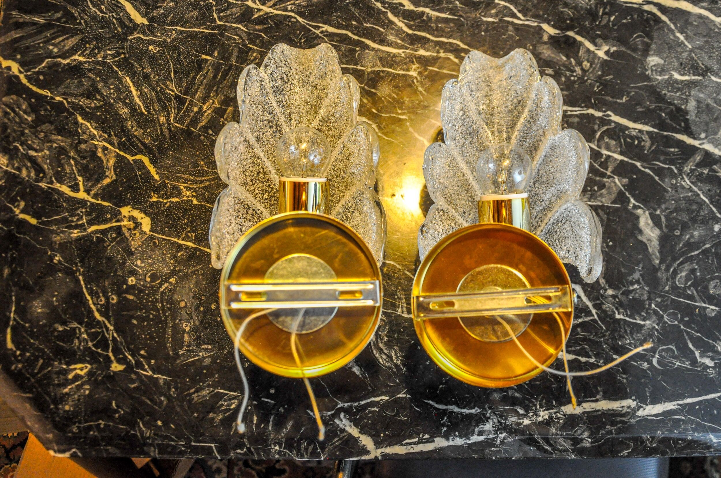 Pair of frosted leaf sconces, murano glass, italy, 1970