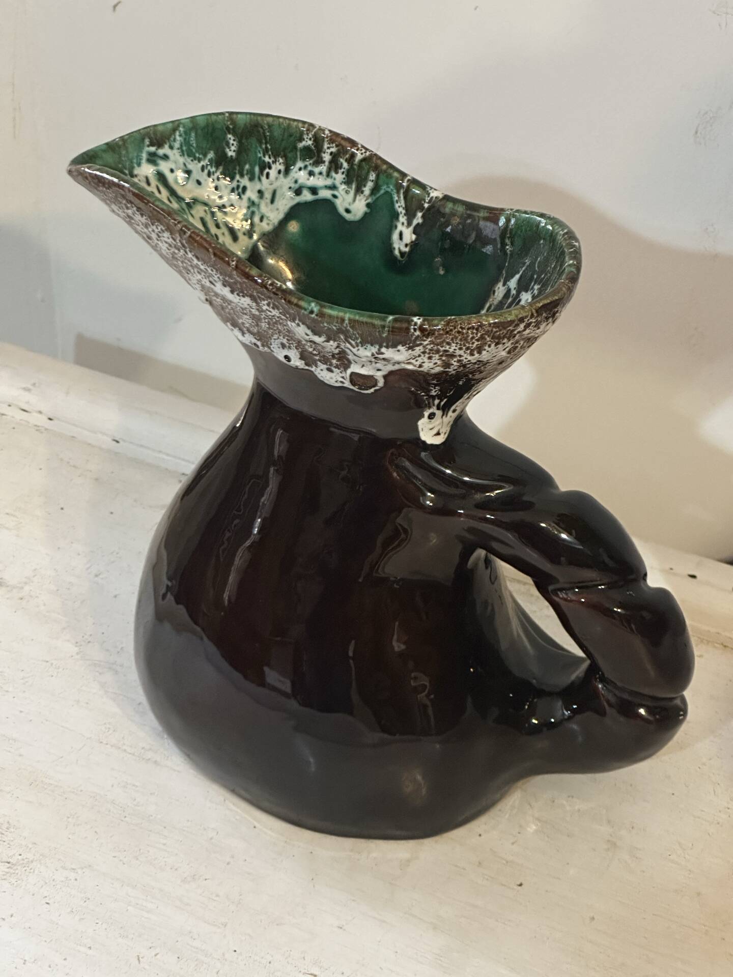 Sculptural pitcher Vallauris in glazed ceramic green and brown, France