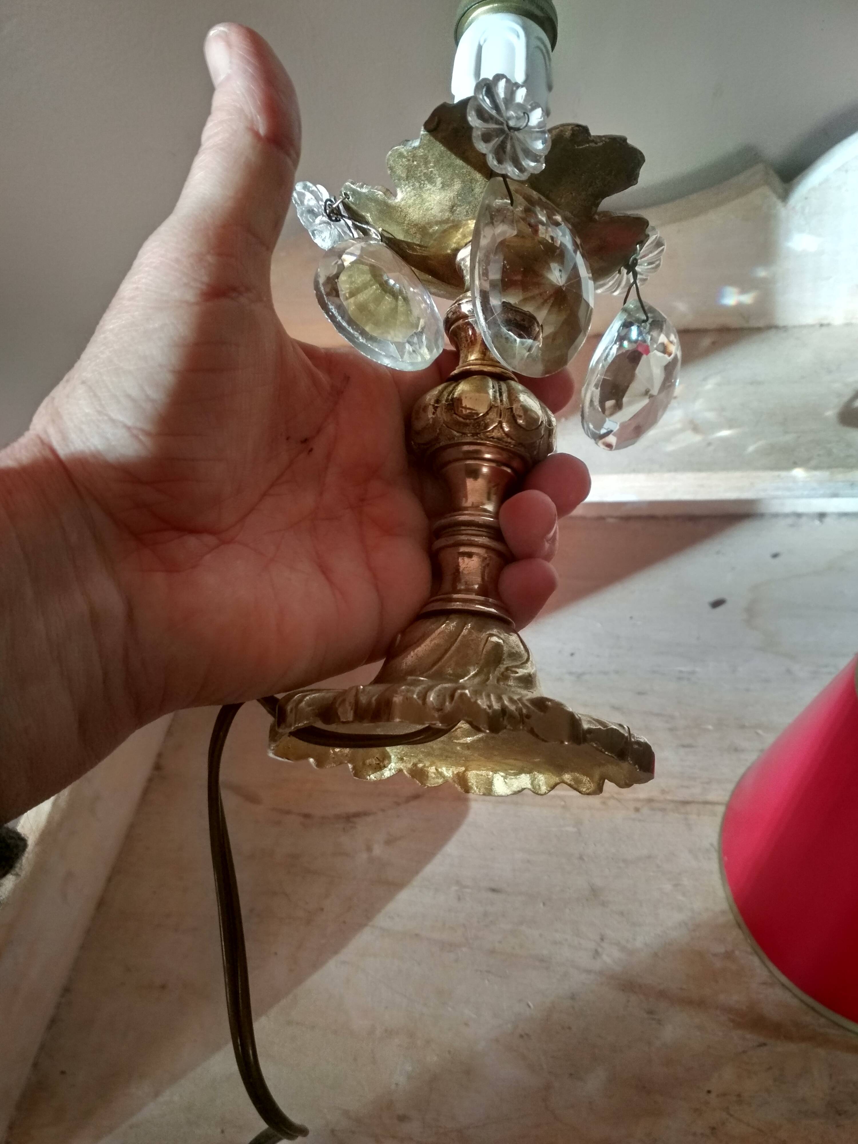 Rococo lamp, chiseled bronze base, fake candle and crystal pendants