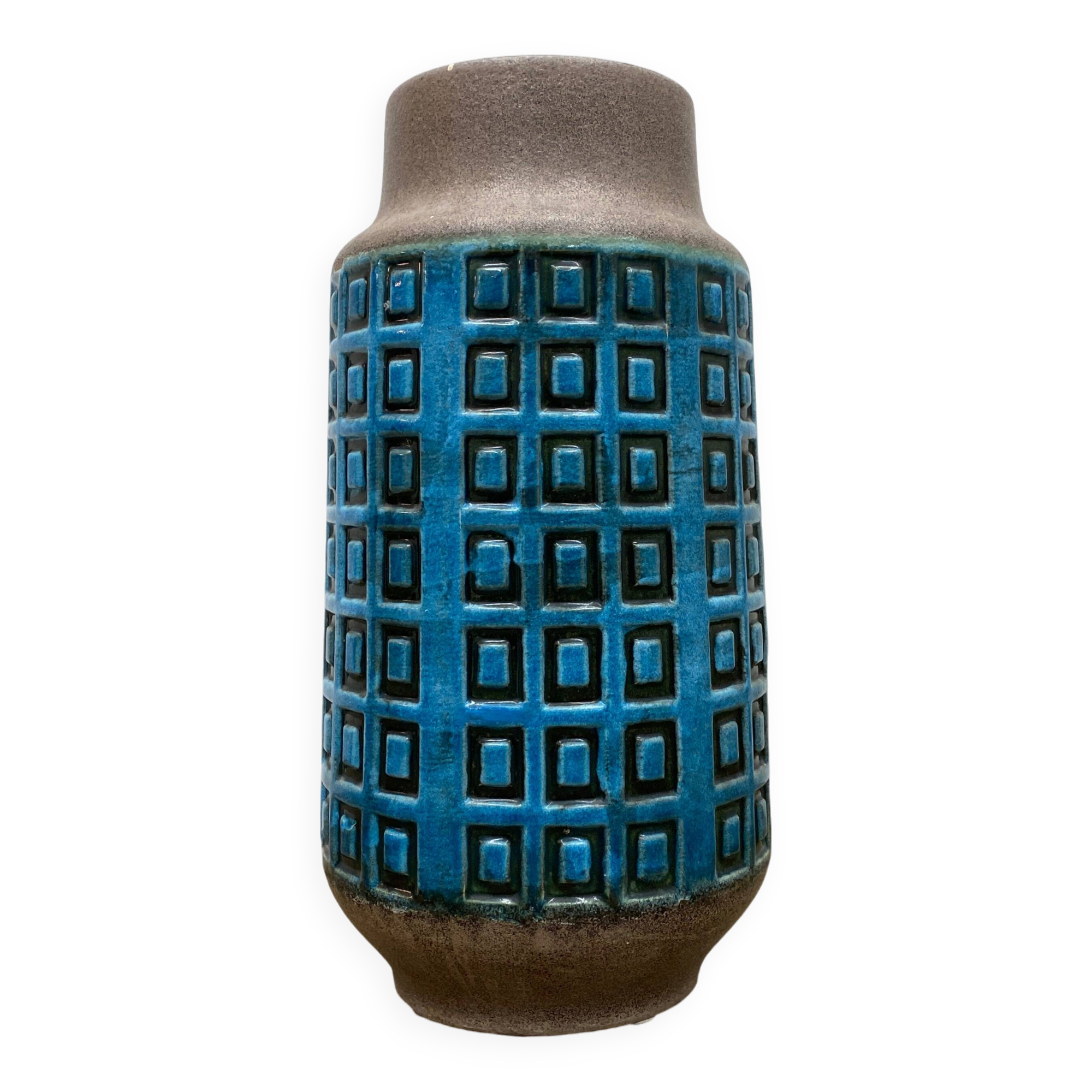 Large blue ceramic mid-century modern vase with graphic pattern