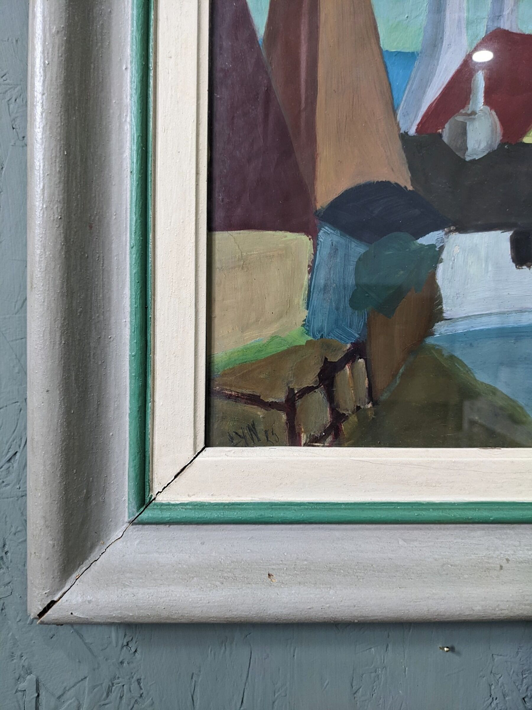 1955 Mid-Century Modern "Street Houses" Swedish Vintage Street Scene Oil Painting, Framed