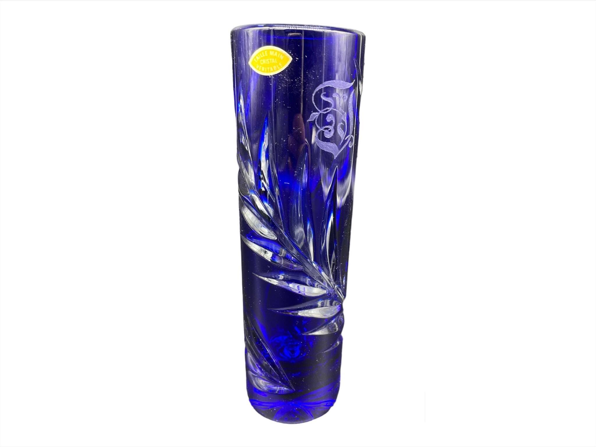 Soliflore vase, tubular, blue crystal, foliage decoration, encrypted, label, hand cut, flowers