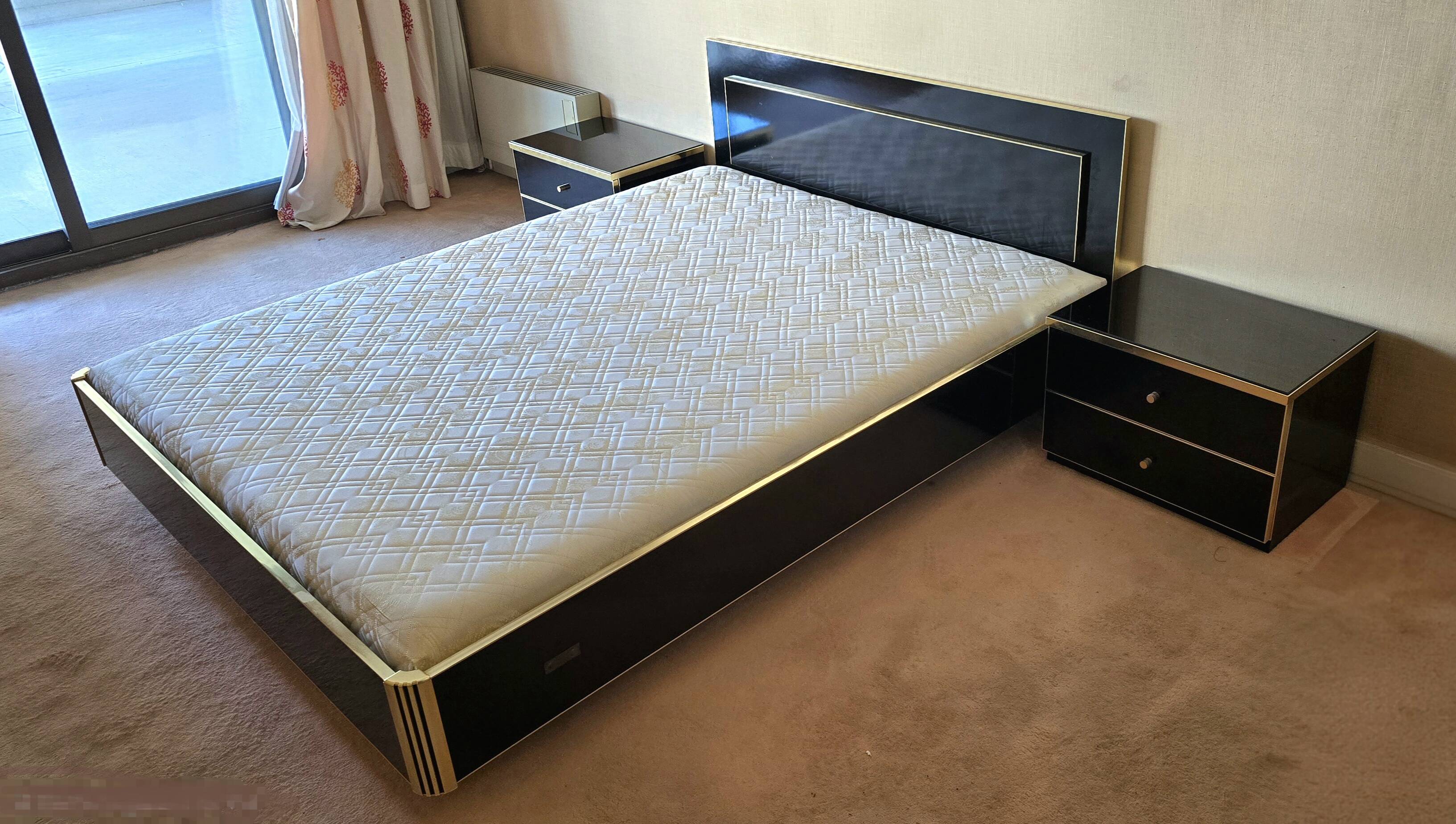 Black lacquered double bed with brass, Maison Roméo Paris, 1970s